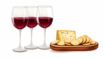 Three stemmed glasses filled with deep red beverage stand beside a cheese and cracker presentation on a platter