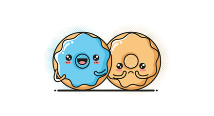 Obraz premium A cute kawaii illustration of two donut characters a blue one and a brown one with a mustache smiling together as a couple.
