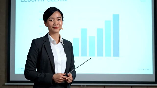 Businesswoman presentation of business data with growth chart analysis and visual representation - Powered by Adobe