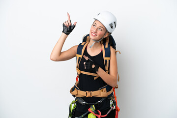 Young caucasian rock climber woman isolated on white background pointing with the index finger a great idea