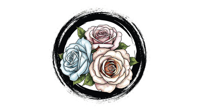 A beautiful bouquet of three realistic roses in pink blue and cream colors framed by a circular black ink brush stroke.