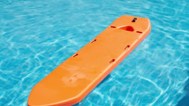 Orange Lifeguard Rescue Board Floating in Swimming Pool.