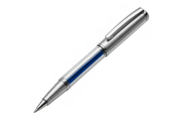 Silver ballpoint pen showing blue ink cartridge, creating a modern office writing tool on transparent background