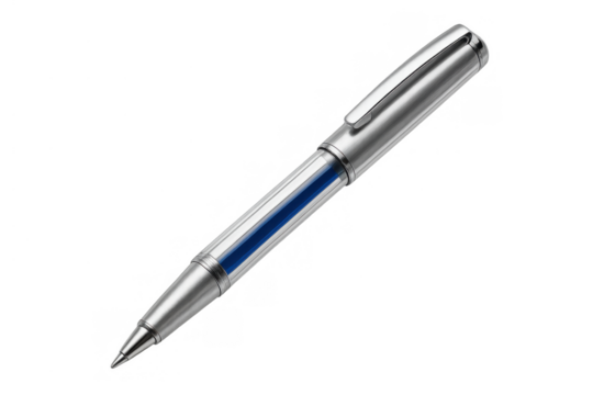 Silver ballpoint pen showing blue ink cartridge, creating a modern office writing tool on transparent background