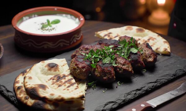 Delicious Grilled Meat Skewers with Yogurt Sauce and Naan Bread A Culinary Delight