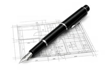 Fountain pen on architectural blueprint representing design, planning, and engineering, on transparent background