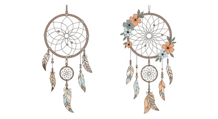 Two beautiful hand-drawn dreamcatcher illustrations one simple and one adorned with pastel flowers in a bohemian style design.