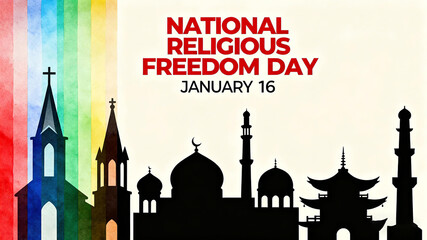 Diversified religious architectural elements, religious freedom day, religious tolerance and cultural diversity, suitable for religious public welfare, cultural exchange and publicity materials.

