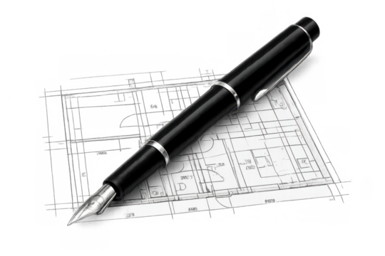 Fountain pen on architectural blueprint representing design, planning, and engineering, on transparent background