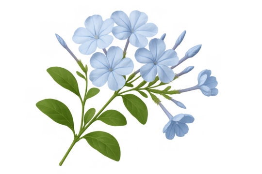 Plumbago plant with delicate light blue flowers and green leaves on an isolated transparent background, botanical illustration