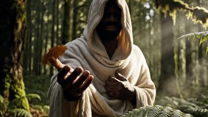 Man in a hooded robe reaching out in a lush green forest setting