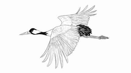 Fototapeta premium Detailed black and white illustration depicts a large wading bird in soaring flight against a blank background