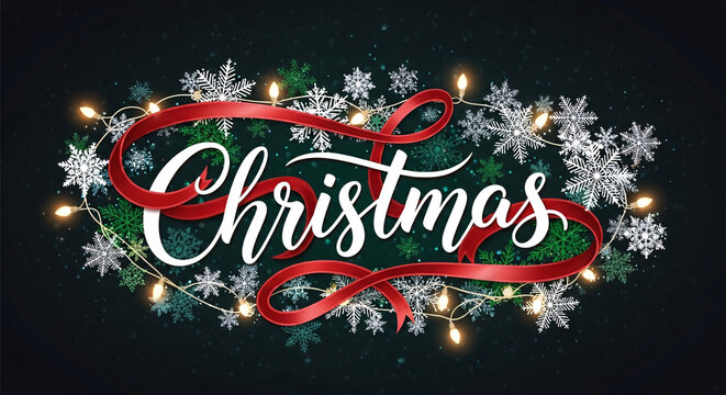 Festive Christmas greeting with elegant script, red ribbon, snowflakes and string lights for joyful holiday season invitations and promotional graphics