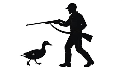 Silhouette of a duck hunter aiming a shotgun at a duck.