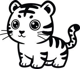 Cute baby tiger cartoon, black and white animal drawing, kids coloring page, wildlife illustration, jungle character, educational art, playful sketch