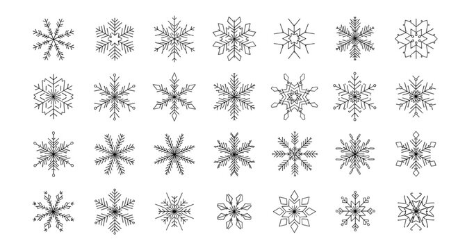 A large and diverse collection of twenty-eight geometric snowflake icons in a clean black pixel line art style for winter designs.