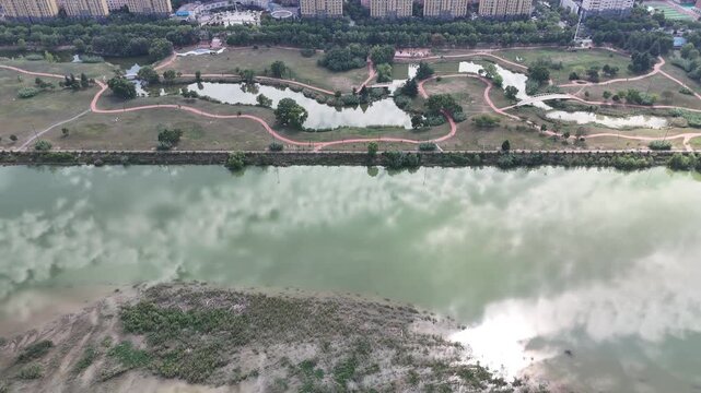 Aerial View of Wei River, Baoji, Shaanxi - Urban Parks and Green Landscape