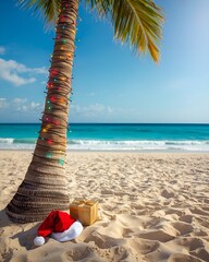 Tropical Beach Christmas with Palm Tree Lights and Santa Hat