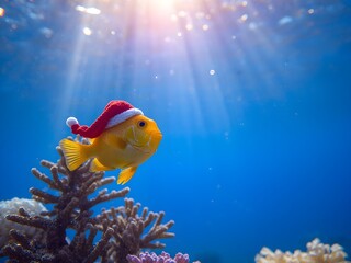 Orange Fish in Santa Hat Swimming Over Coral in Clear Blue Ocean