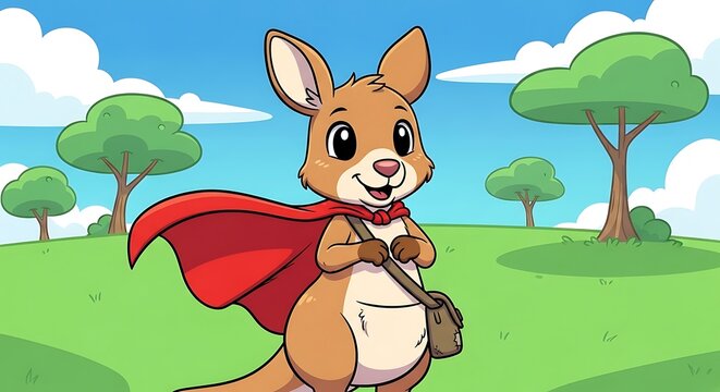 Cute Kangaroo Superhero with Red Cape and Satchel in a Sunny Meadow.