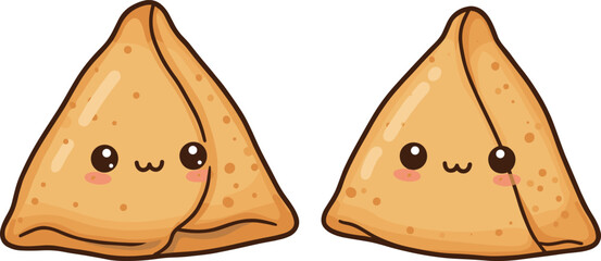Cute samosa cartoon, smiling snack characters, Indian food illustration, kawaii style, kids menu design, cultural cuisine, happy samosas, adorable faces