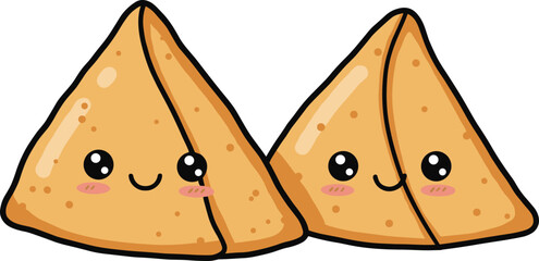 Cute samosa characters, cartoon food illustration, happy snacks, Indian street food, kawaii style, kids menu, adorable appetizer, smiling samosas