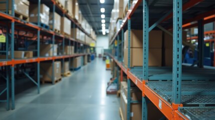 Fototapeta premium Empty Metal Shelving in Warehouse with Blurred Background 