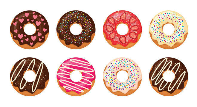 A delicious-looking set of eight assorted donuts with various colorful frostings sprinkles and toppings perfect for bakery menus. - Powered by Adobe