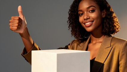 Woman smiling and giving thumbs up next to blank white pedestal in stylish studio with warm lighting. Concept of positivity, success, marketing, advertising