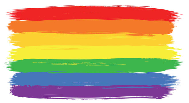 The LGBTQ pride flag represented by six horizontal stripes of vibrant rainbow colors painted with a textured brush stroke effect.