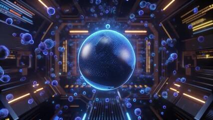 Abstract globe with digital particles in futuristic tunnel - Powered by Adobe