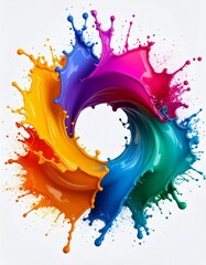 A circular splash of multicolored liquid paint forms a dynamic ring, showcasing fluid motion, glossy texture and vibrant color transitions on a clean white background.