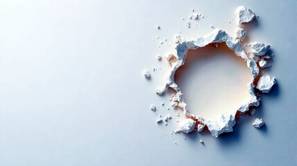 A circular hole is formed by an explosion of white powder, with fragments scattered around the edges against a plain light background.