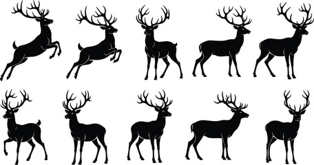 Deer silhouette collection, antlered wildlife poses, jumping and standing stances, black vector icons, animal anatomy, hunting, forest illustration set