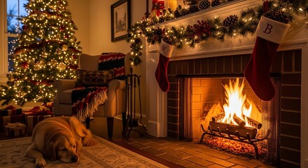 Christmas tree fireplace stockings cozy living room