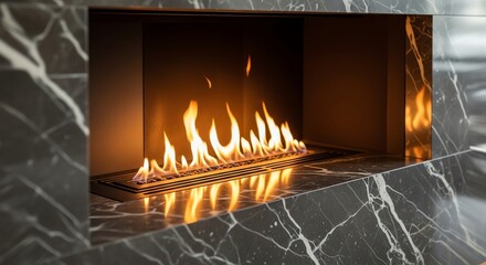 Modern fireplace with flames and marble surround