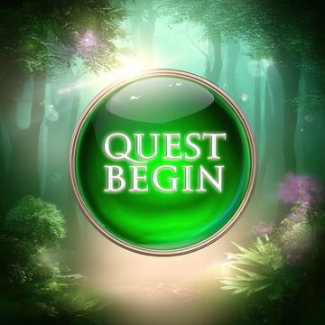 Glowing button amidst a mystical forest scene, with "QUEST BEGIN" text within a green circle