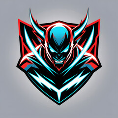 Tribal tattoo emblem with abstract red and blue striped background and heraldic gold design elements