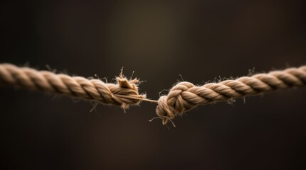 Fototapeta premium Tension between two frayed rope strands showing break and weakness hinting at risk and resilience in a quiet moody setting 