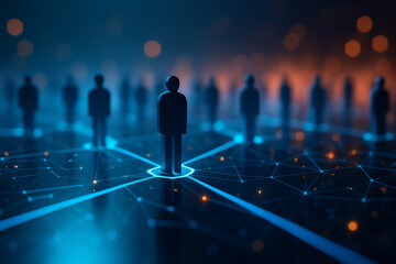 Abstract network of people silhouettes connected by glowing lines. Digital data flows between individuals in a futuristic grid. Business or social connections visualized in dark blue and orange