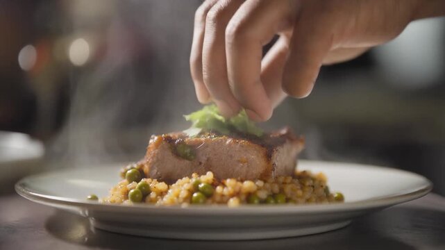 Lechona Colombian pork close-up plating steam rising cinematic