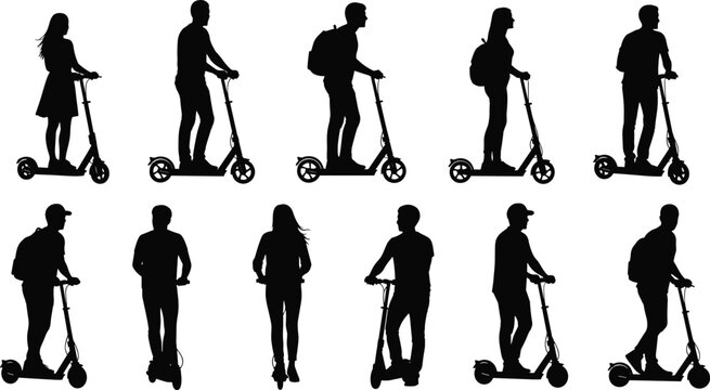 Electric scooter silhouette, people riding scooters, urban transport vector, eco friendly mobility, modern city commuting, black outline riders, lifestyle illustration