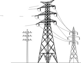 Electricity pylons and utility poles vector, power lines illustration, energy infrastructure, lattice tower silhouette, voltage distribution, editable graphic, black design