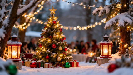 Christmas tree adorned with ornaments and lights stands in snowy outdoor space. Cozy gathering of people enjoying holiday spirit in winter wonderland