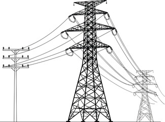 Electrical poles and transmission towers vector, power lines illustration, energy infrastructure, black silhouette, utility structure, editable graphic, voltage distribution