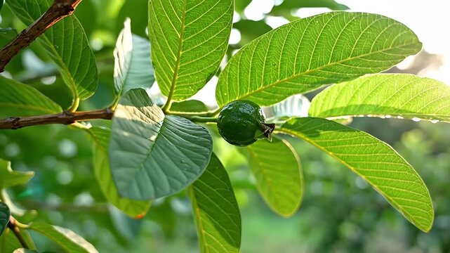 Small Unripe Green Guava Fruit Growing on a Leafy Tree Branch.