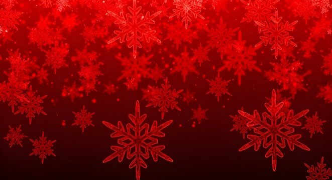 Abstract red snowflakes falling against a dark background creating a festive winter holiday atmosphere