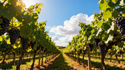 Grapevines laden with dark berries stretch along rows in vibrant vineyard. Sunny atmosphere enhances idyllic landscape. Concept of agriculture, winemaking, organic farming