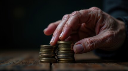 The elderly hand stacking coins representing careful retirement savings and financial planning