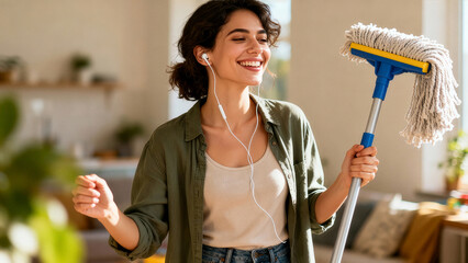 Woman joyfully mops the floor with headphones in a cozy living room. Bright and cheerful atmosphere enhances the home cleaning experience. Concept of home improvement, lifestyle, cleaning services